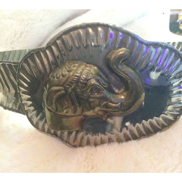 VTG Hand Hammered Silver Metal Waist Belt Band/raised Brass Elephant Head Buckle main image 10